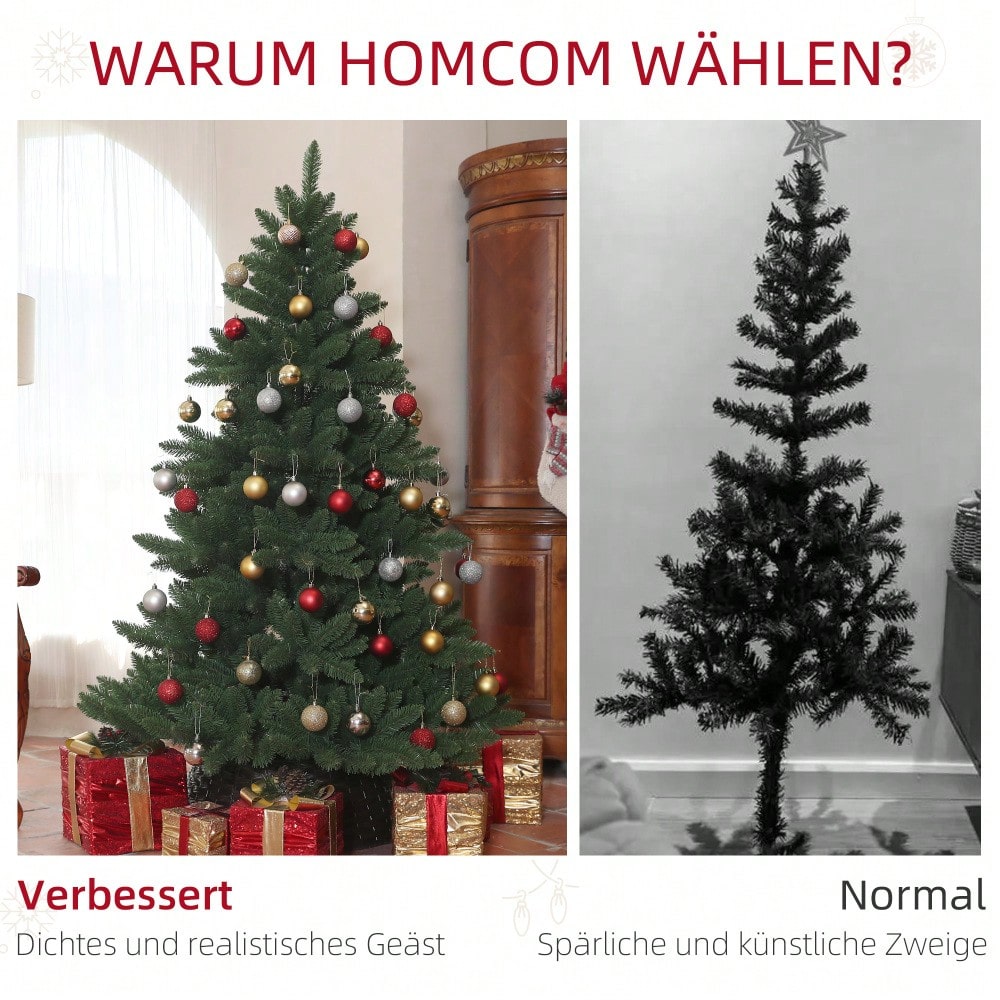 Künstlicher Weihnachtsbaum 180 cm mit 880 Spitzen, flammhemmend & faltbar inkl. Stahlfuß, für Weihnachtsdekoration Indoor, grün - von HOMCOM
