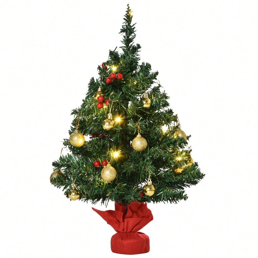 Tischweihnachtsbaum 60 cm komplett dekoriert mit LED-Beleuchtung, Stechpalmenbeeren & Kugeln, Ø40 cm, grün - von HOMCOM