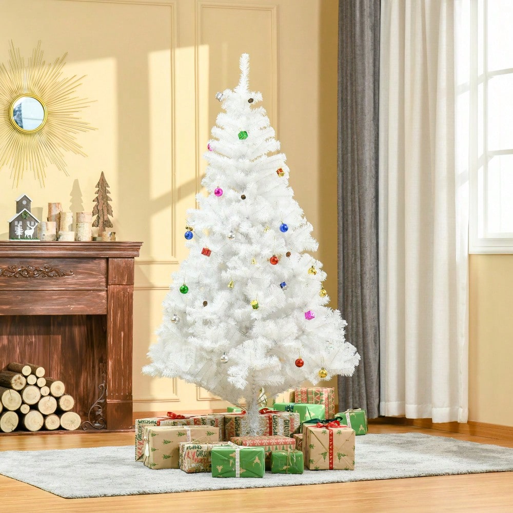 HOMCOM Künstlicher Weihnachtsbaum 180 cm in Weiß mit Dekoration | Fertig geschmückter Christbaum inkl. Ständer | für festliche Weihnachtsdekoration