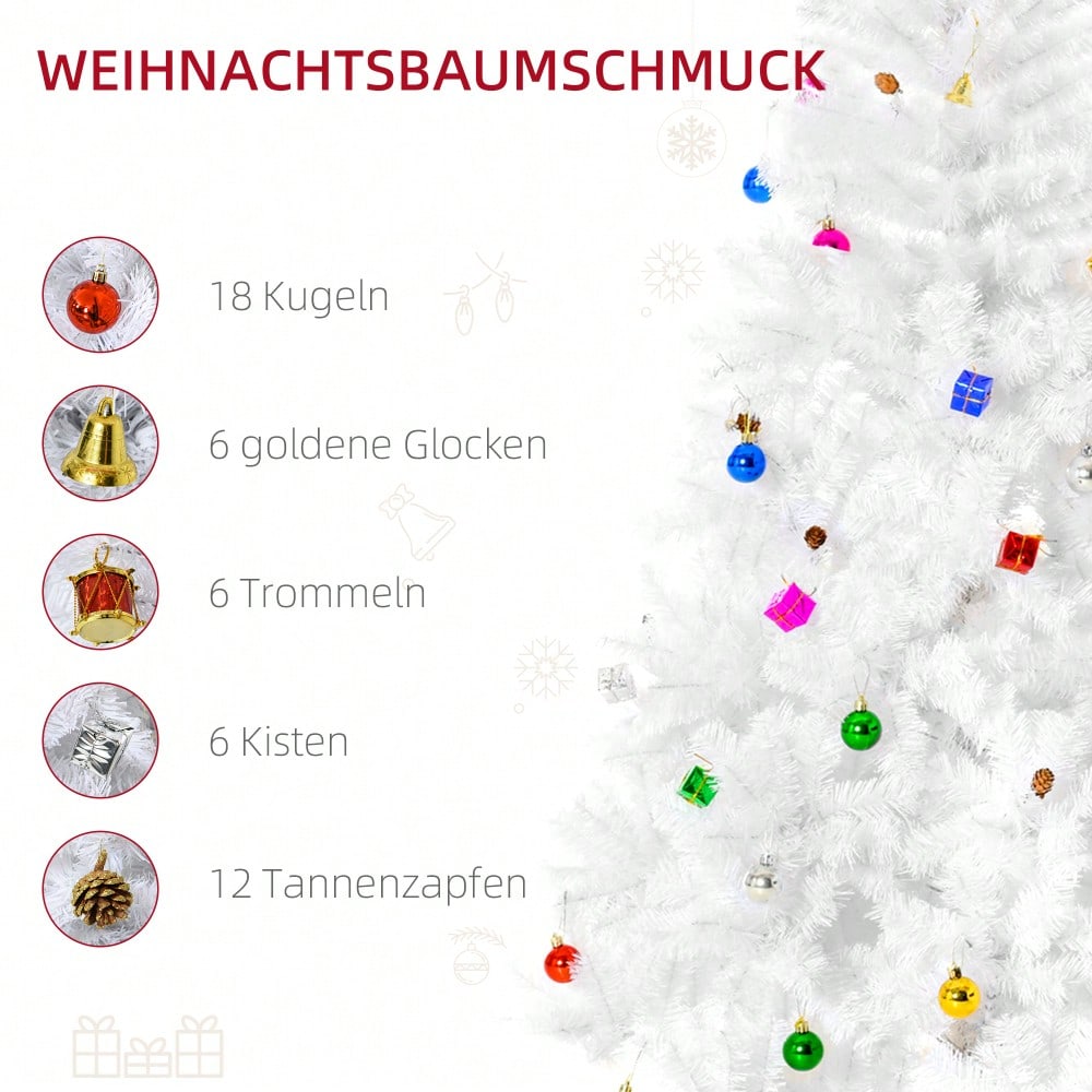 HOMCOM Künstlicher Weihnachtsbaum 180 cm in Weiß mit Dekoration | Fertig geschmückter Christbaum inkl. Ständer | für festliche Weihnachtsdekoration