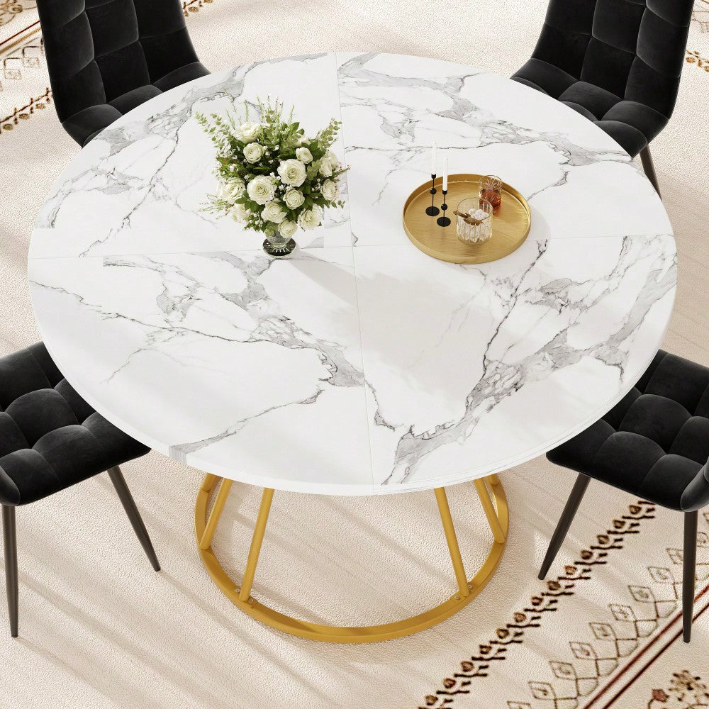 5-teiliges Esstisch-Set mit Marmortisch & Samtstühlen | Tisch 100x76 cm (Ø100 cm) inkl. 4 Stühle | Komplettset für 4 Personen in Schwarz