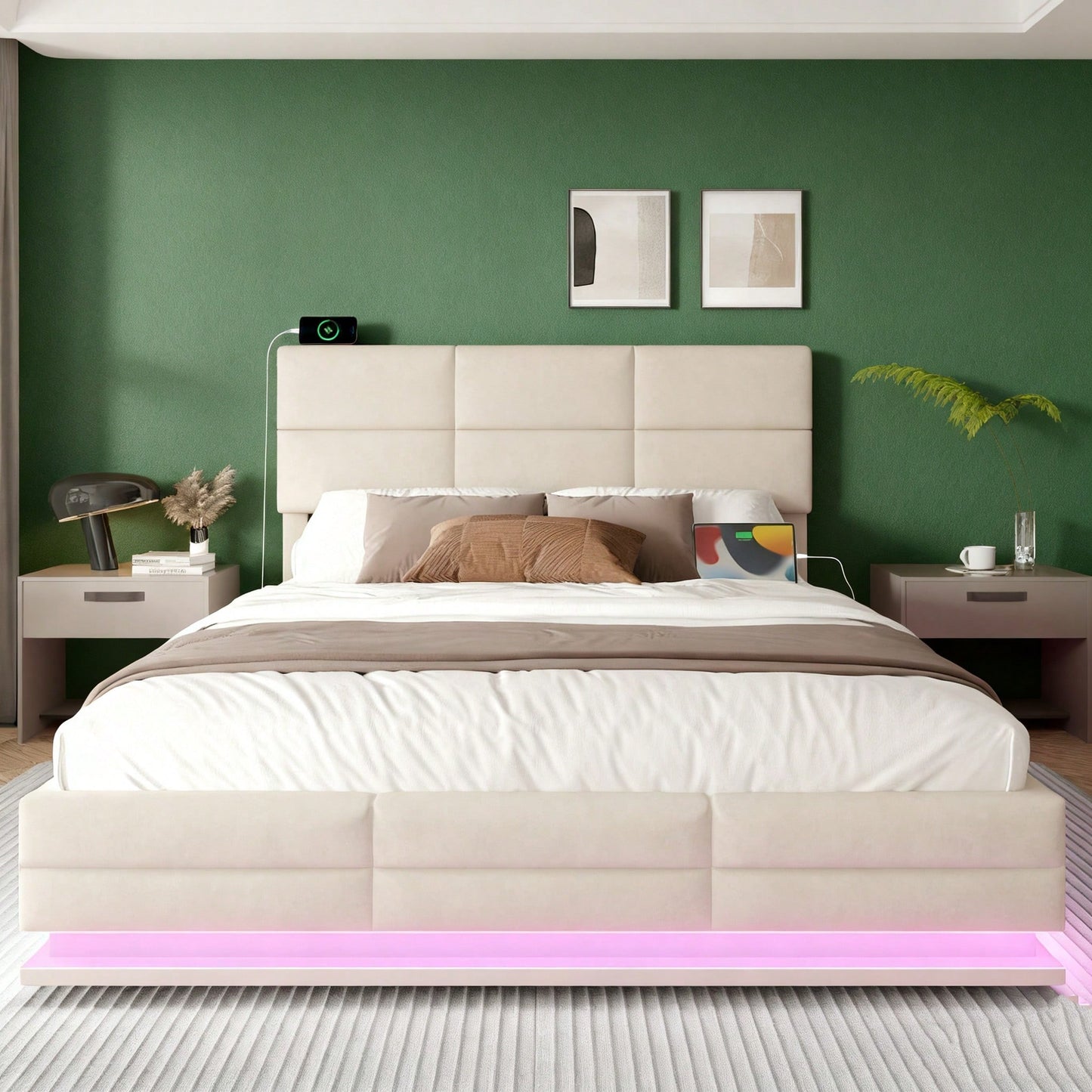 Polsterbett 140x200 cm mit USB-Anschlüssen, LED-Beleuchtung & Lift-System | Höhenverstellbares Kopfteil, XXL-Stauraum | Velours-Bettgestell in Beige (ohne Matratze)