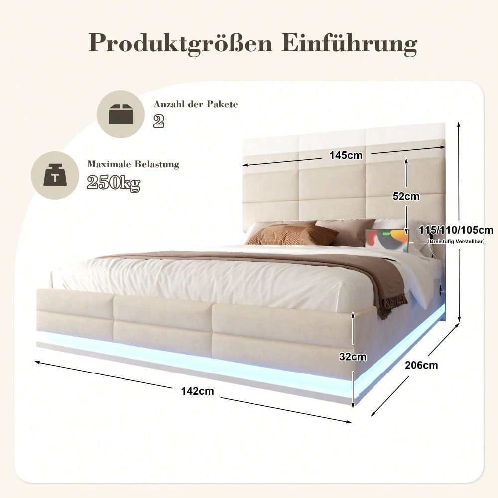 Polsterbett 140x200 cm mit USB-Anschlüssen, LED-Beleuchtung & Lift-System | Höhenverstellbares Kopfteil, XXL-Stauraum | Velours-Bettgestell in Beige (ohne Matratze)