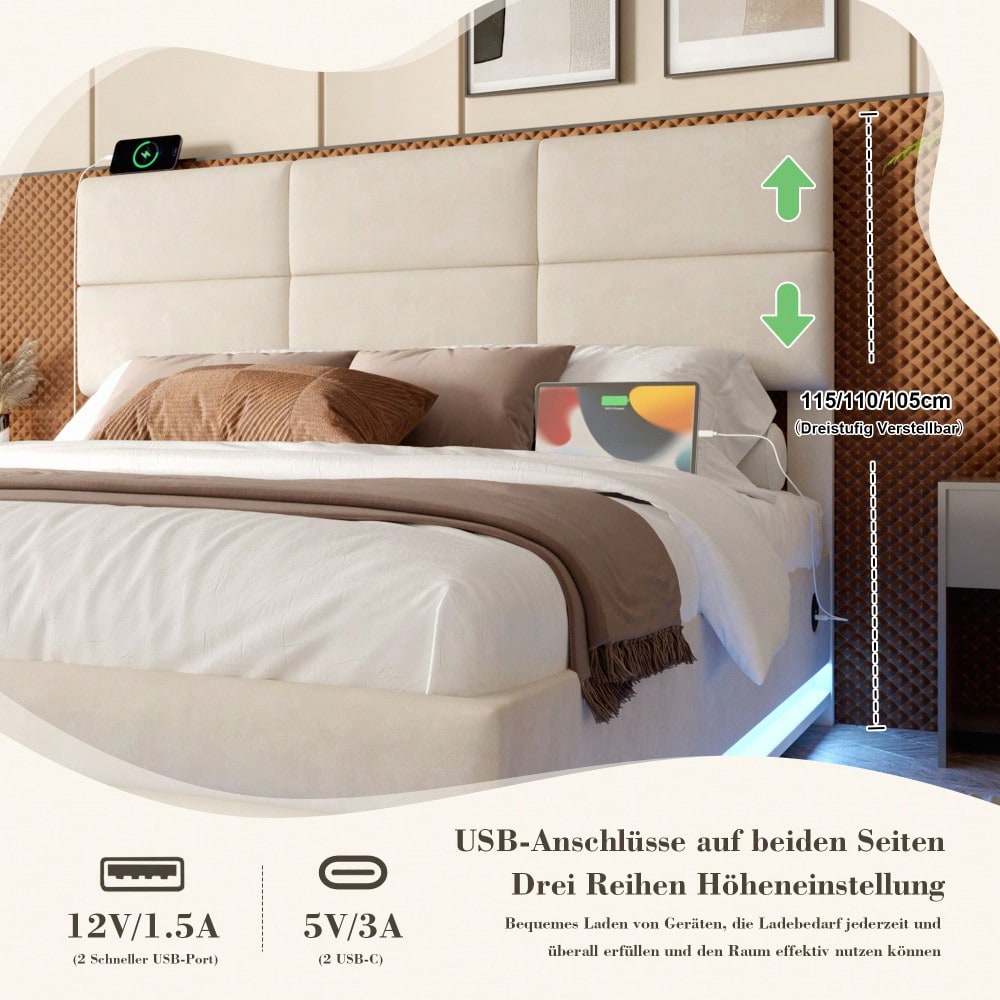 Polsterbett 140x200 cm mit USB-Anschlüssen, LED-Beleuchtung & Lift-System | Höhenverstellbares Kopfteil, XXL-Stauraum | Velours-Bettgestell in Beige (ohne Matratze)