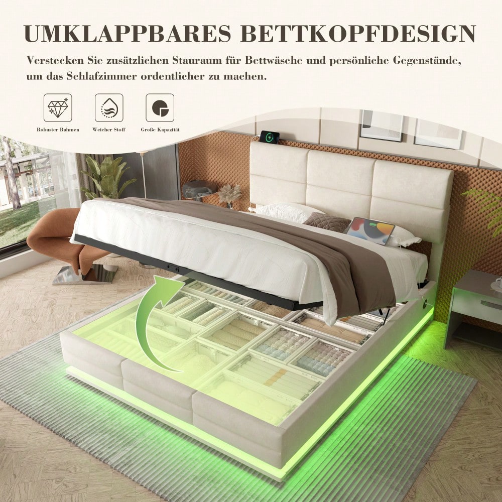 Polsterbett 140x200 cm mit USB-Anschlüssen, LED-Beleuchtung & Lift-System | Höhenverstellbares Kopfteil, XXL-Stauraum | Velours-Bettgestell in Beige (ohne Matratze)