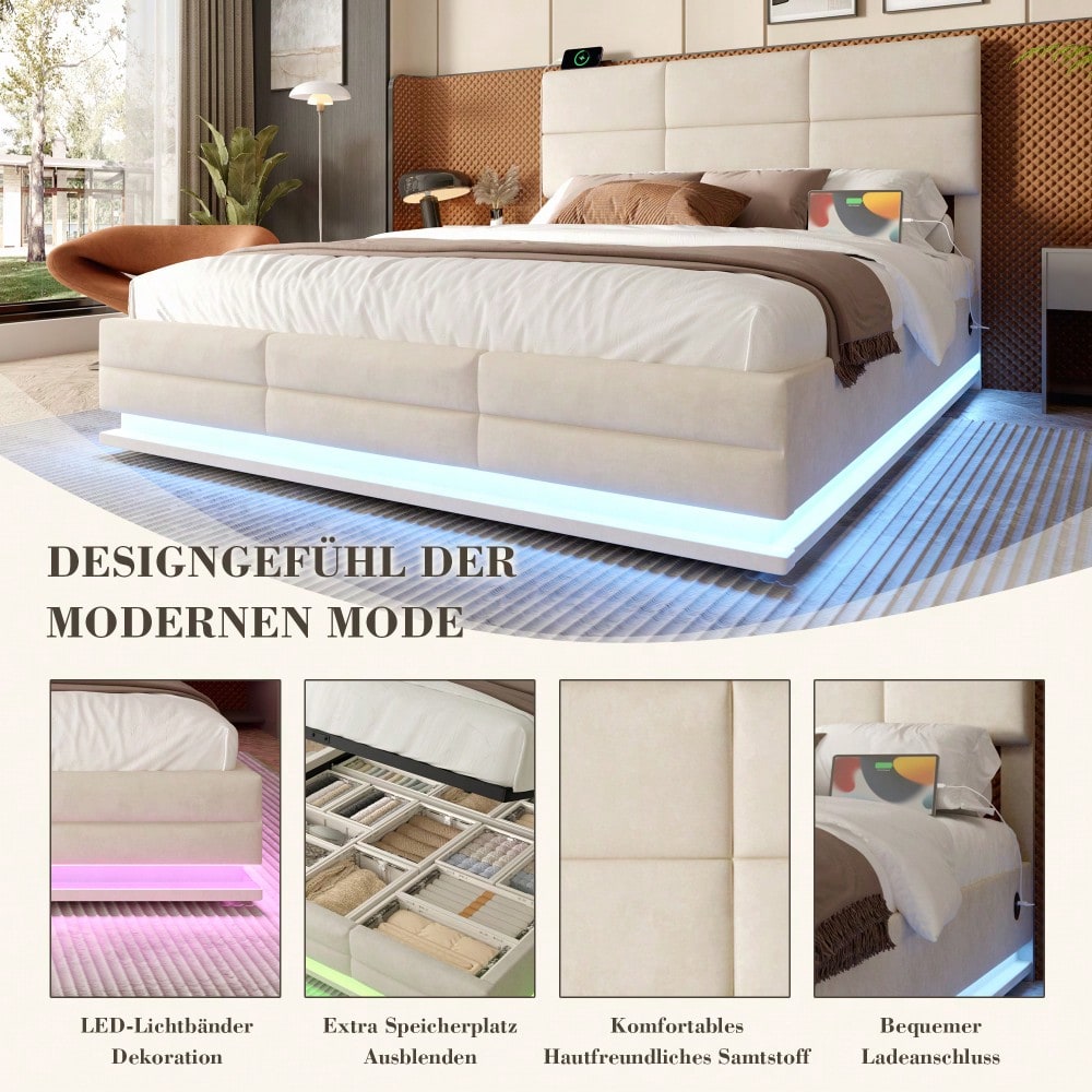 Polsterbett 140x200 cm mit USB-Anschlüssen, LED-Beleuchtung & Lift-System | Höhenverstellbares Kopfteil, XXL-Stauraum | Velours-Bettgestell in Beige (ohne Matratze)