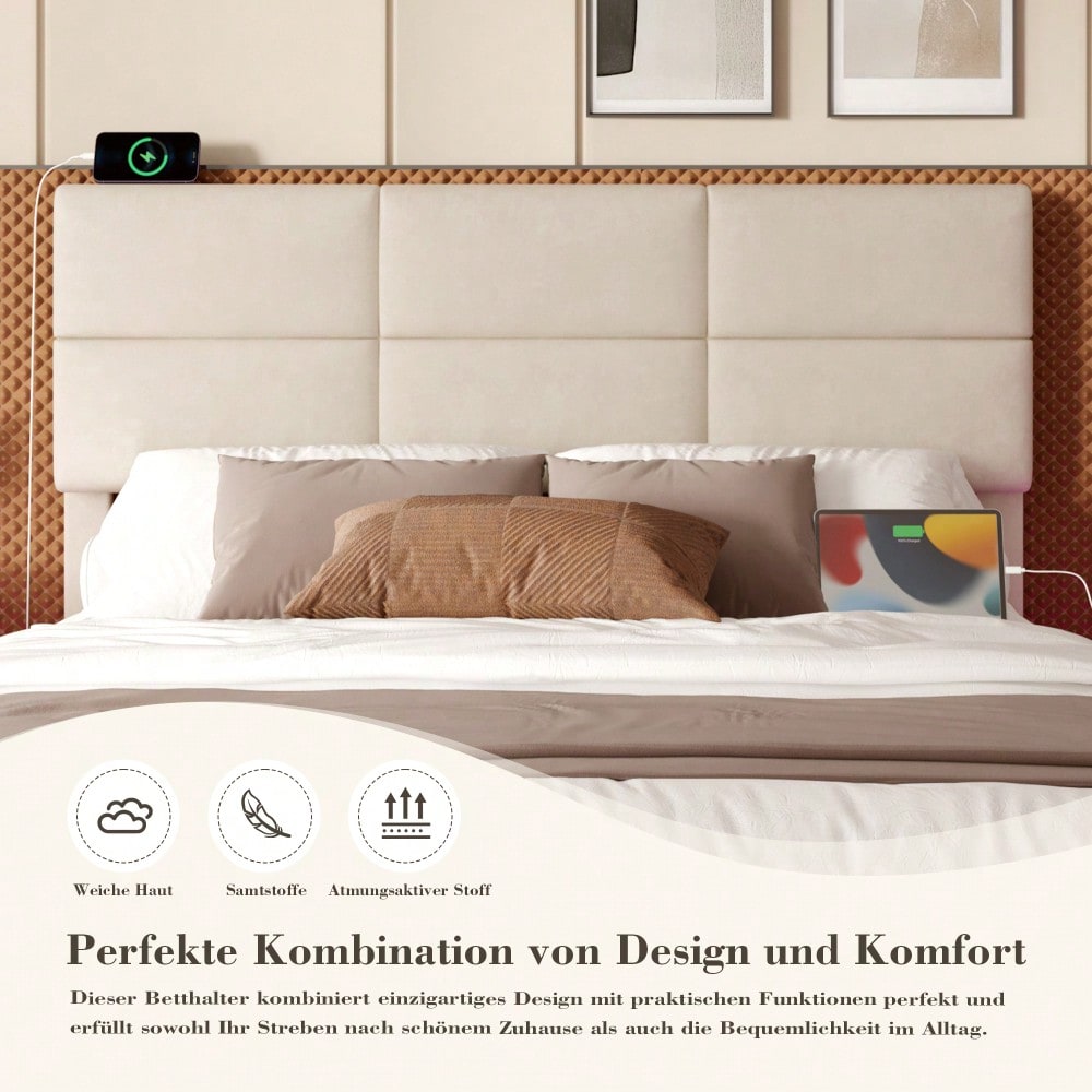 Polsterbett 140x200 cm mit USB-Anschlüssen, LED-Beleuchtung & Lift-System | Höhenverstellbares Kopfteil, XXL-Stauraum | Velours-Bettgestell in Beige (ohne Matratze)