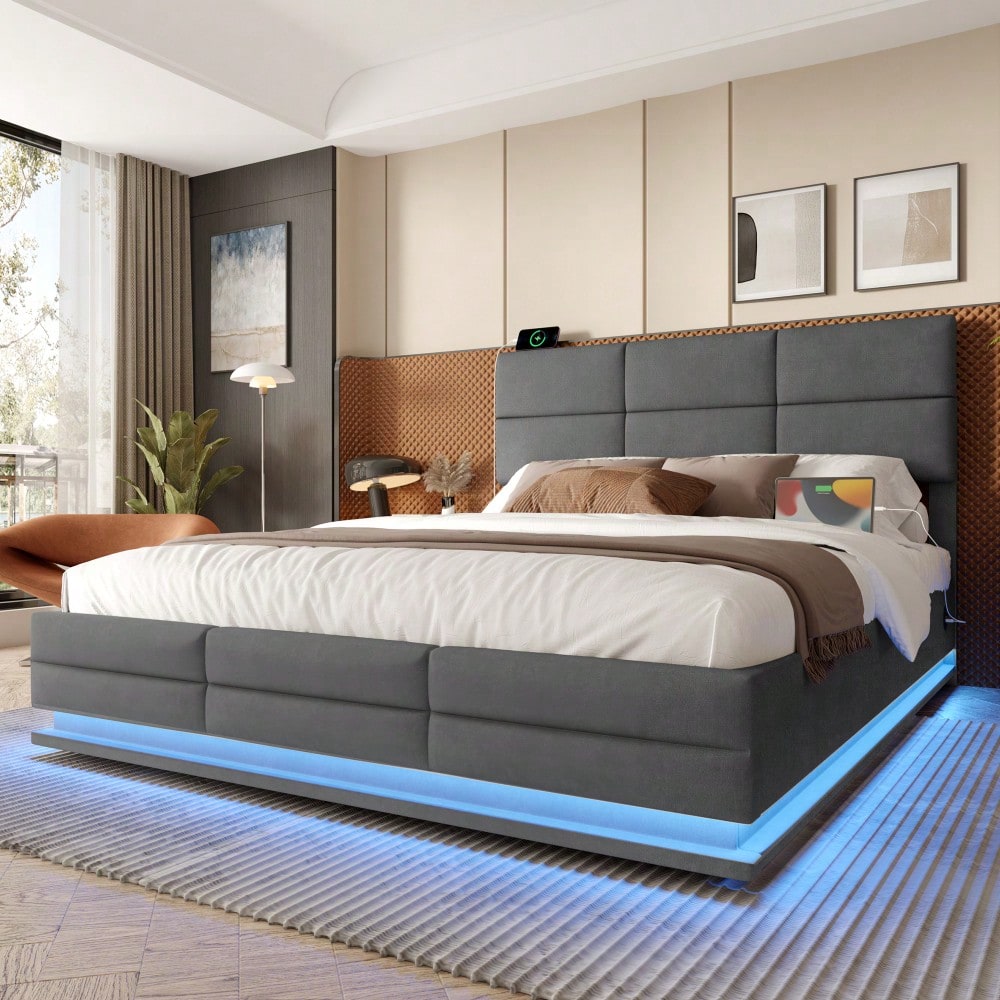 HOMCOM Polsterbett 140x200 cm mit USB-Ladestation, LED-Licht & Hydraulik Lift-System | Höhenverstellbares Velours Kopfteil mit XXL-Stauraum | Grau, ohne Matratze