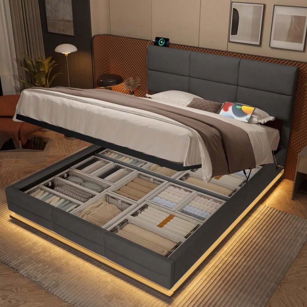 HOMCOM Polsterbett 140x200 cm mit USB-Ladestation, LED-Licht & Hydraulik Lift-System | Höhenverstellbares Velours Kopfteil mit XXL-Stauraum | Grau, ohne Matratze