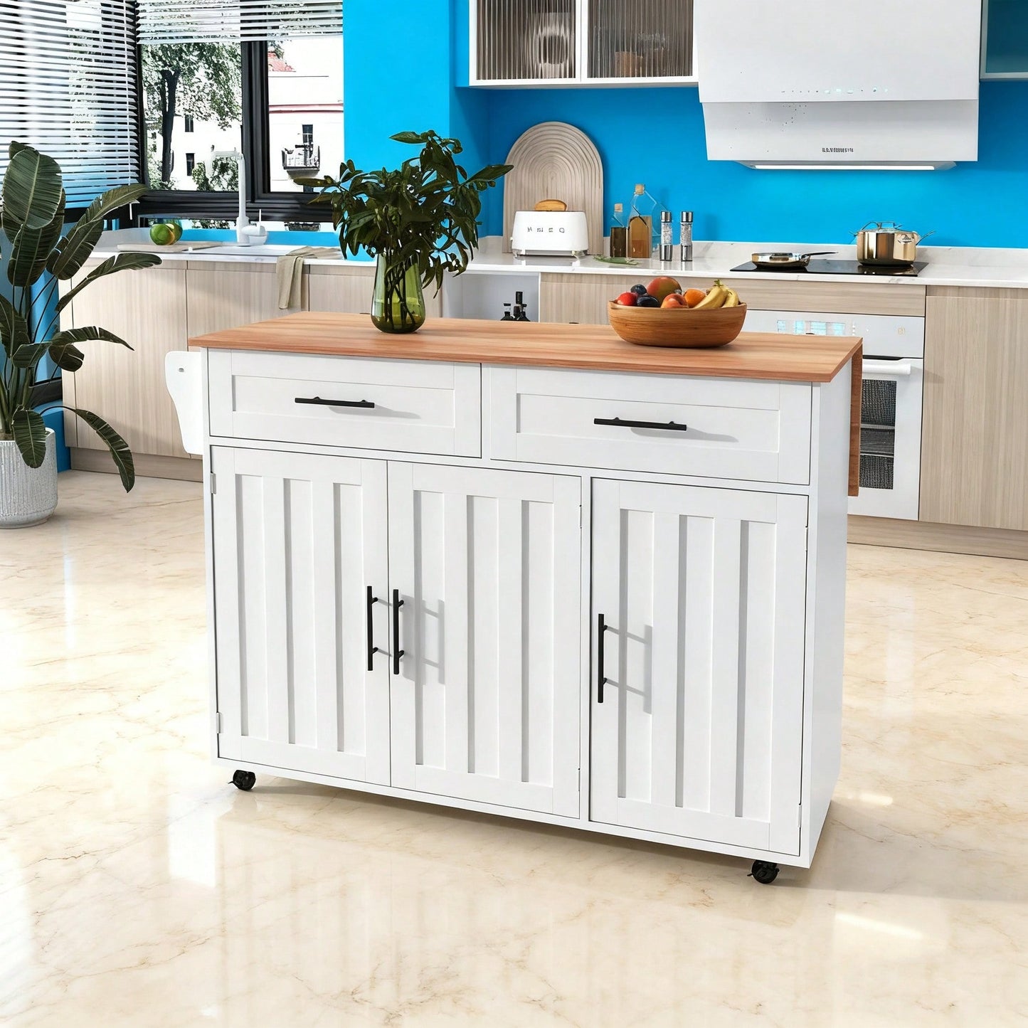 Weiße Kücheninsel mit Klapptisch & 5 Rollen | Anrichte 129x91,5 cm mit Stauschränken, 2 Schubladen & Inneneinlegeböden | Mobile Esstisch-Garnitur für Esszimmer