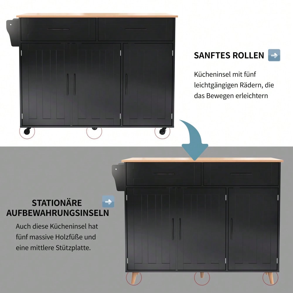 Schwarze Kücheninsel mit Klapptisch & 5 Rollen | Anrichte 129x91,5 cm mit Stauraum & 2 Schubladen | Mobile Esstisch-Garnitur für Esszimmer inkl. verstellbaren Fächern