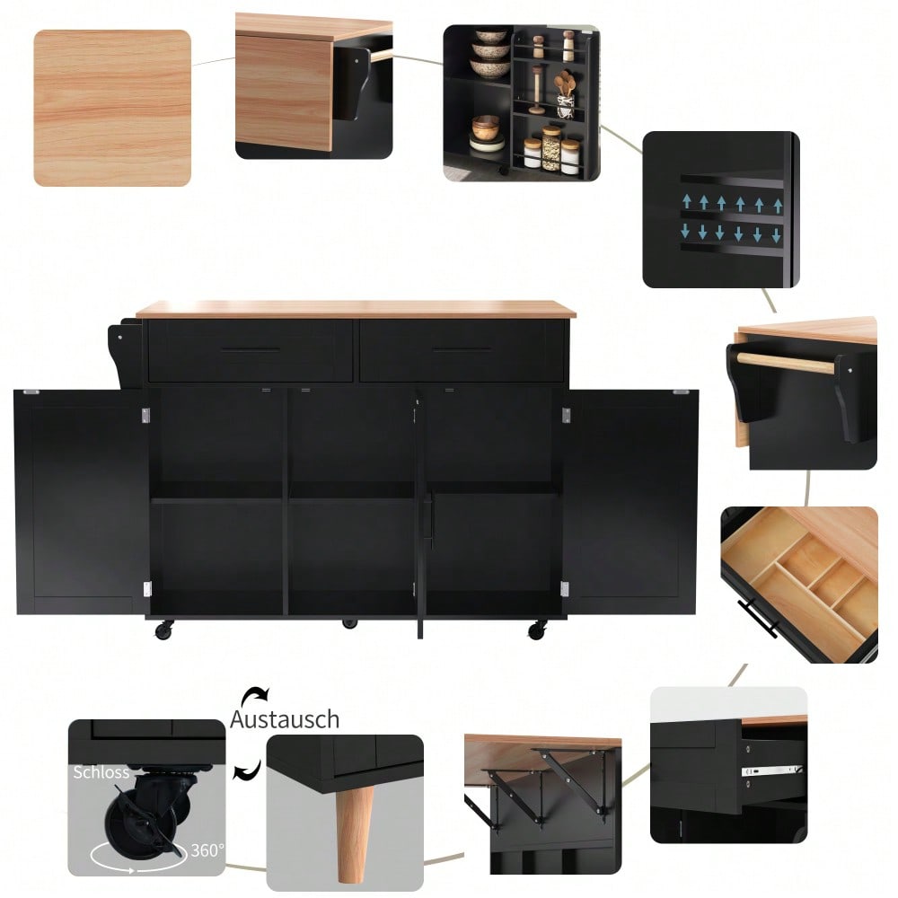 Schwarze Kücheninsel mit Klapptisch & 5 Rollen | Anrichte 129x91,5 cm mit Stauraum & 2 Schubladen | Mobile Esstisch-Garnitur für Esszimmer inkl. verstellbaren Fächern