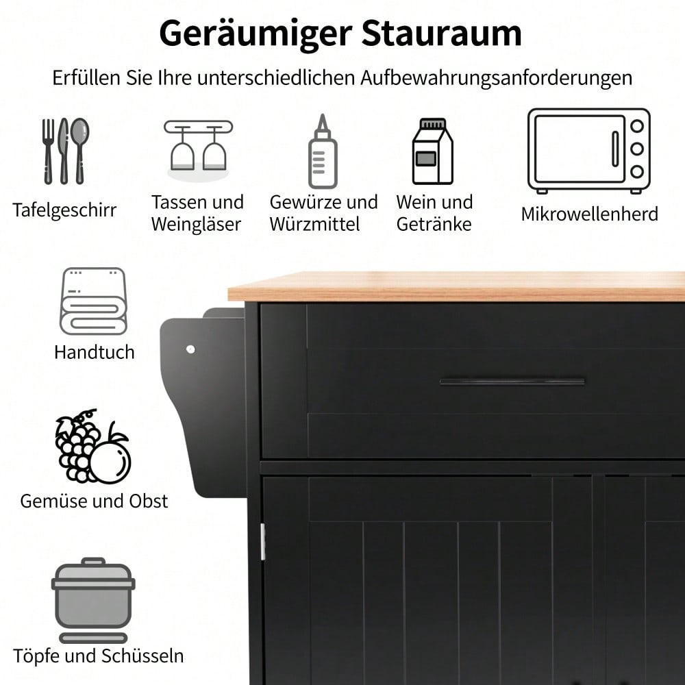 Schwarze Kücheninsel mit Klapptisch & 5 Rollen | Anrichte 129x91,5 cm mit Stauraum & 2 Schubladen | Mobile Esstisch-Garnitur für Esszimmer inkl. verstellbaren Fächern