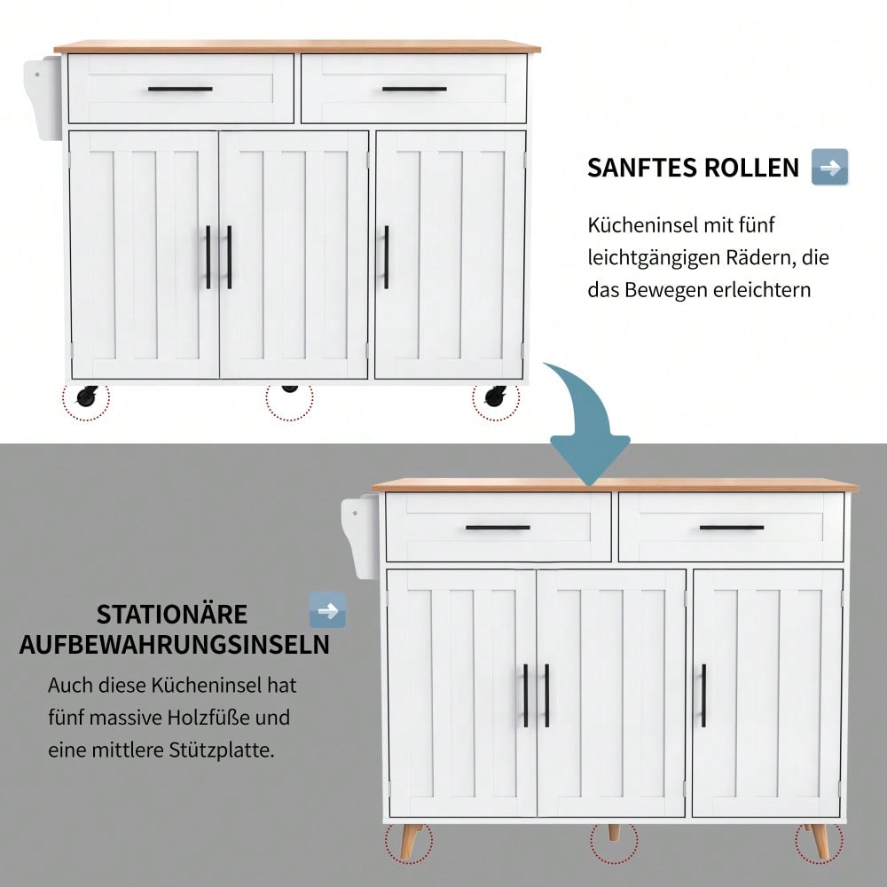 Weiße Kücheninsel mit Klapptisch & 5 Rollen | Anrichte 129x91,5 cm mit Stauschränken, 2 Schubladen & Inneneinlegeböden | Mobile Esstisch-Garnitur für Esszimmer