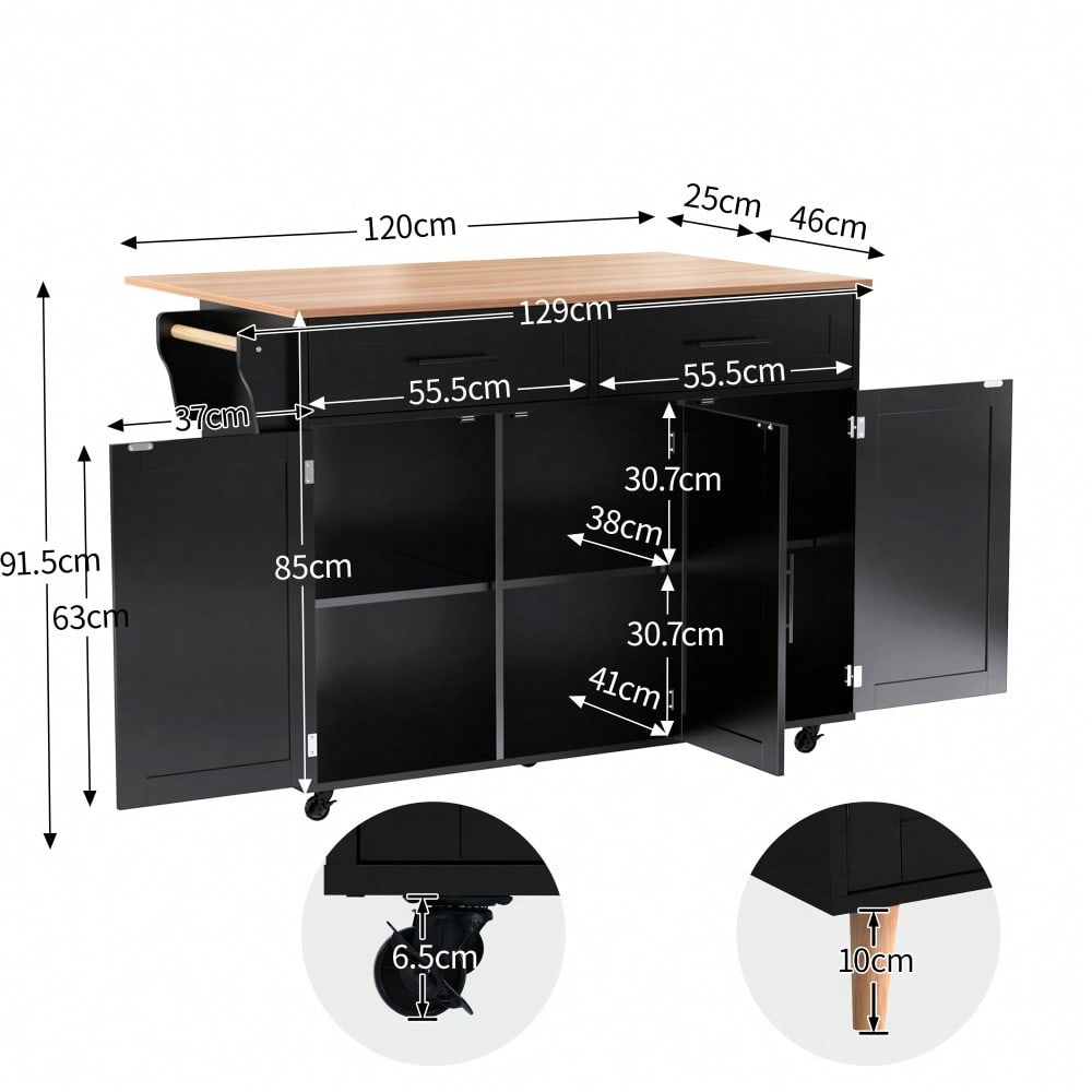 Schwarze Kücheninsel mit Klapptisch & 5 Rollen | Anrichte 129x91,5 cm mit Stauraum & 2 Schubladen | Mobile Esstisch-Garnitur für Esszimmer inkl. verstellbaren Fächern