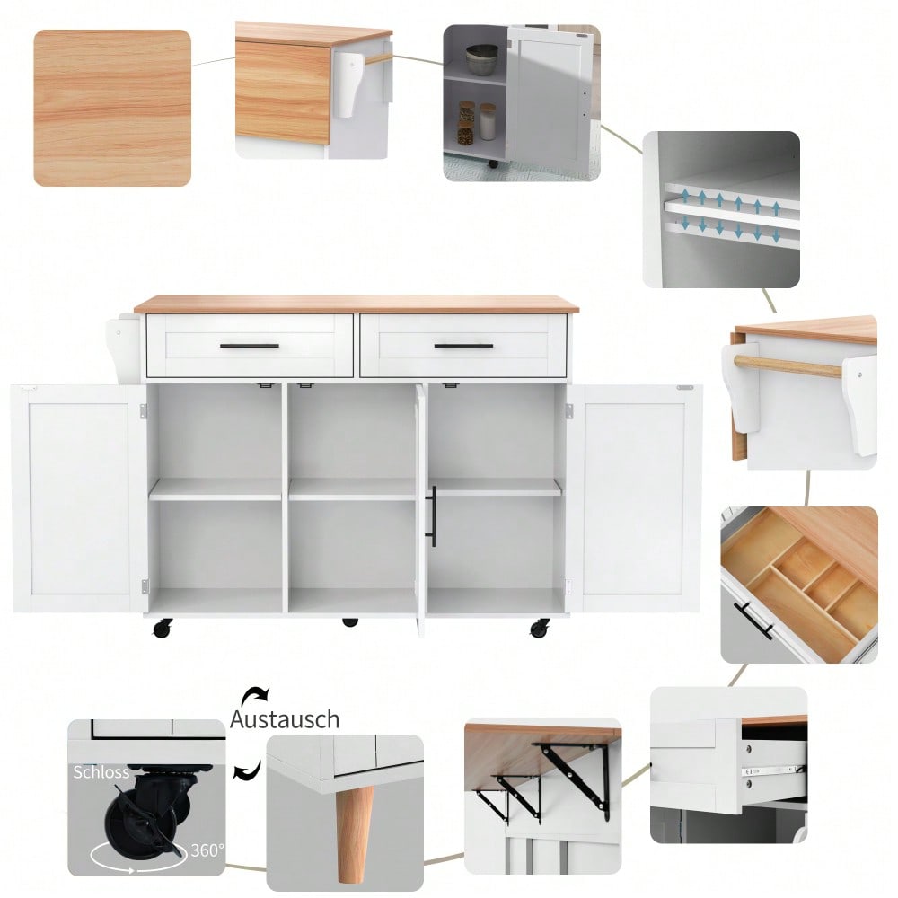 Weiße Kücheninsel mit Klapptisch & 5 Rollen | Anrichte 129x91,5 cm mit Stauschränken, 2 Schubladen & Inneneinlegeböden | Mobile Esstisch-Garnitur für Esszimmer