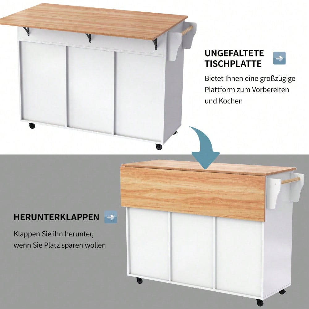 Weiße Kücheninsel mit Klapptisch & 5 Rollen | Anrichte 129x91,5 cm mit Stauschränken, 2 Schubladen & Inneneinlegeböden | Mobile Esstisch-Garnitur für Esszimmer