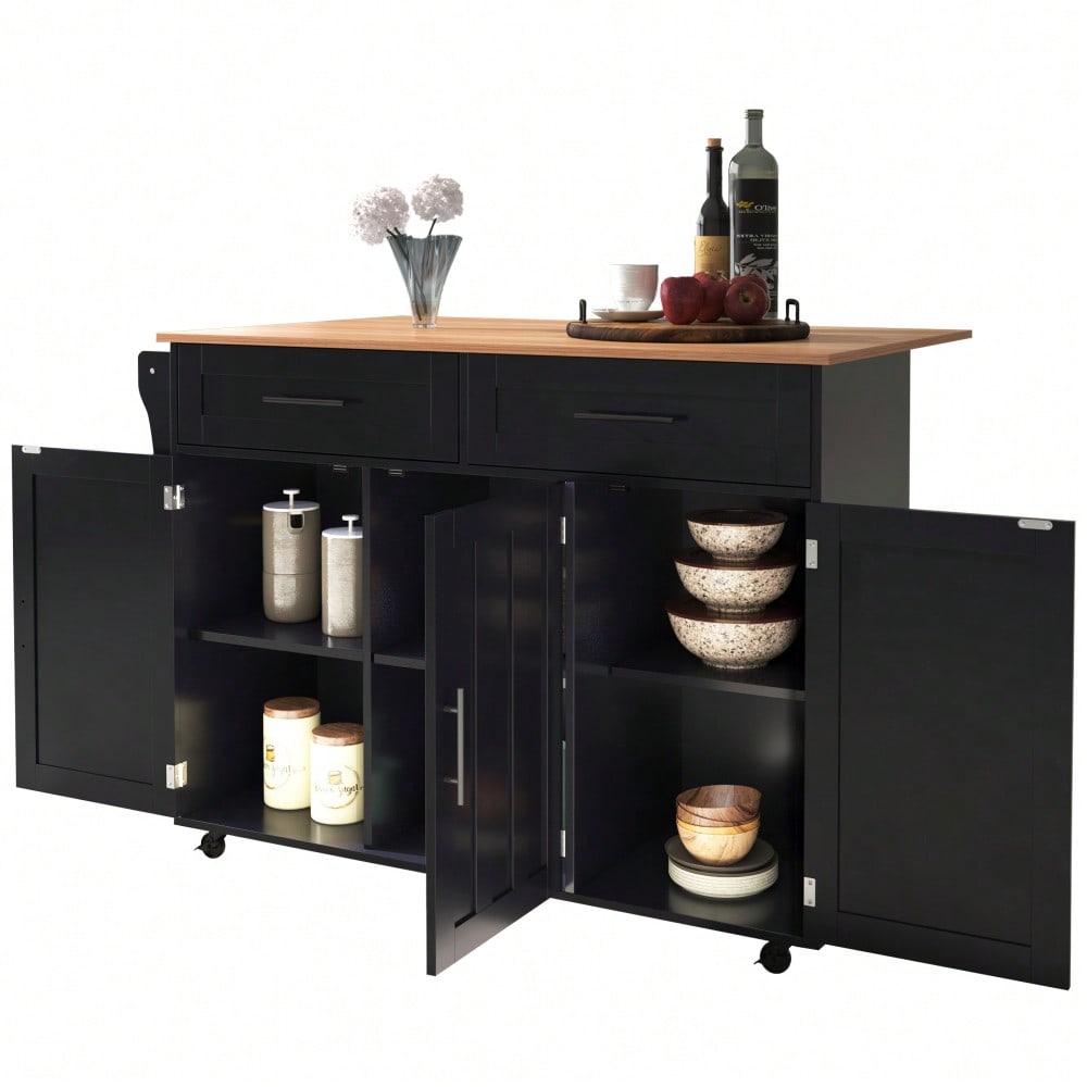 Schwarze Kücheninsel mit Klapptisch & 5 Rollen | Anrichte 129x91,5 cm mit Stauraum & 2 Schubladen | Mobile Esstisch-Garnitur für Esszimmer inkl. verstellbaren Fächern