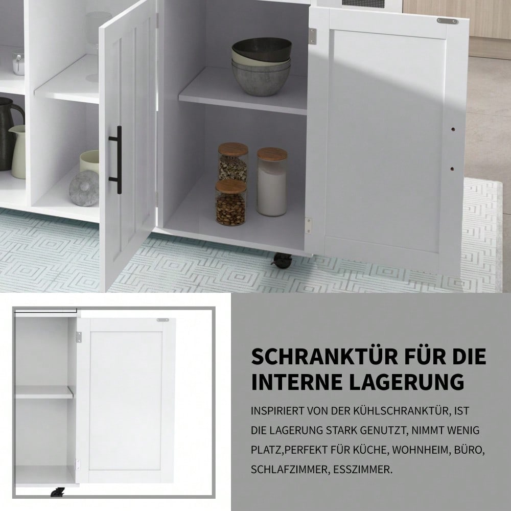 Weiße Kücheninsel mit Klapptisch & 5 Rollen | Anrichte 129x91,5 cm mit Stauschränken, 2 Schubladen & Inneneinlegeböden | Mobile Esstisch-Garnitur für Esszimmer