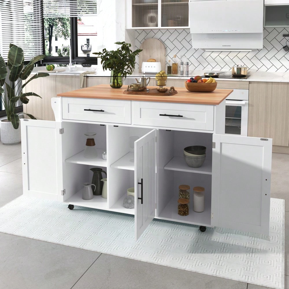 Weiße Kücheninsel mit Klapptisch & 5 Rollen | Anrichte 129x91,5 cm mit Stauschränken, 2 Schubladen & Inneneinlegeböden | Mobile Esstisch-Garnitur für Esszimmer