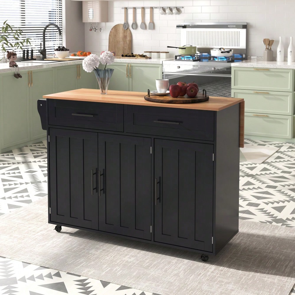 Schwarze Kücheninsel mit Klapptisch & 5 Rollen | Anrichte 129x91,5 cm mit Stauraum & 2 Schubladen | Mobile Esstisch-Garnitur für Esszimmer inkl. verstellbaren Fächern
