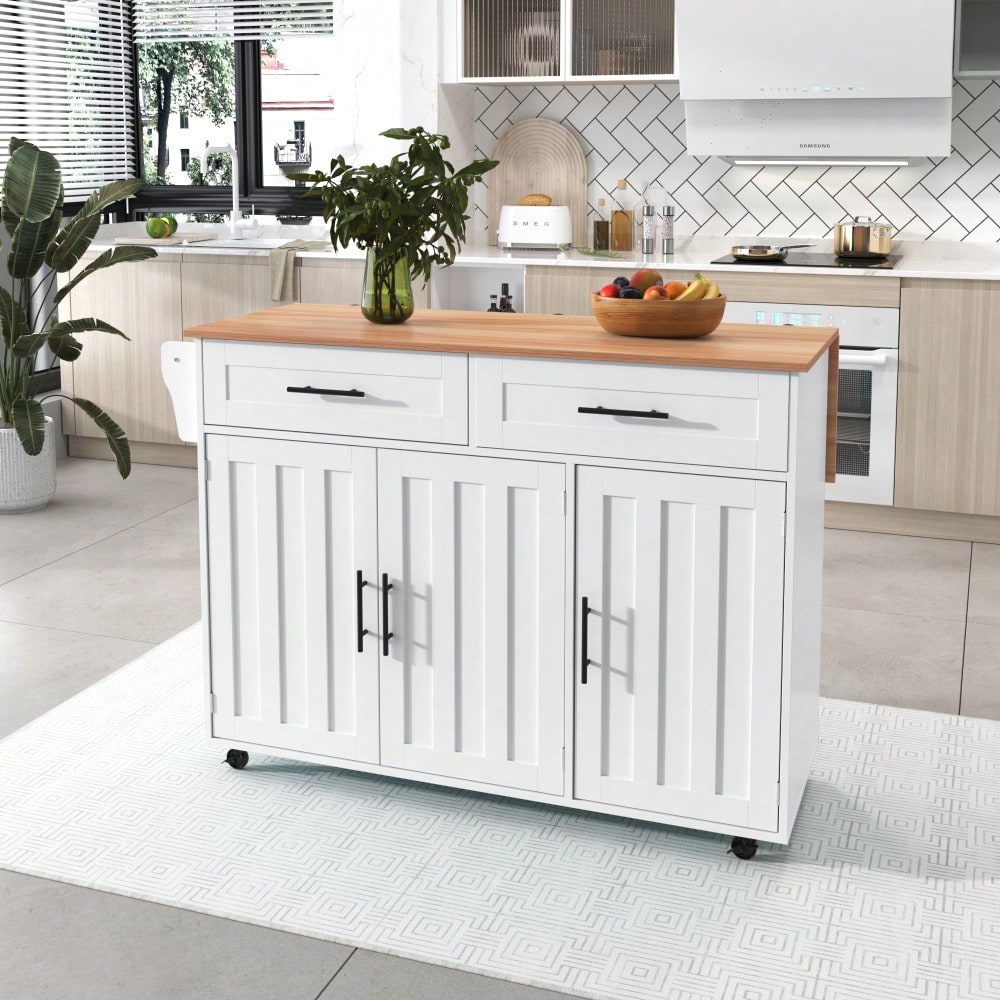 Weiße Kücheninsel mit Klapptisch & 5 Rollen | Anrichte 129x91,5 cm mit Stauschränken, 2 Schubladen & Inneneinlegeböden | Mobile Esstisch-Garnitur für Esszimmer