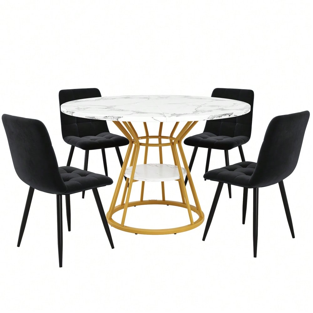 5-teiliges Esstisch-Set mit Marmortisch & Samtstühlen | Tisch 100x76 cm (Ø100 cm) inkl. 4 Stühle | Komplettset für 4 Personen in Schwarz