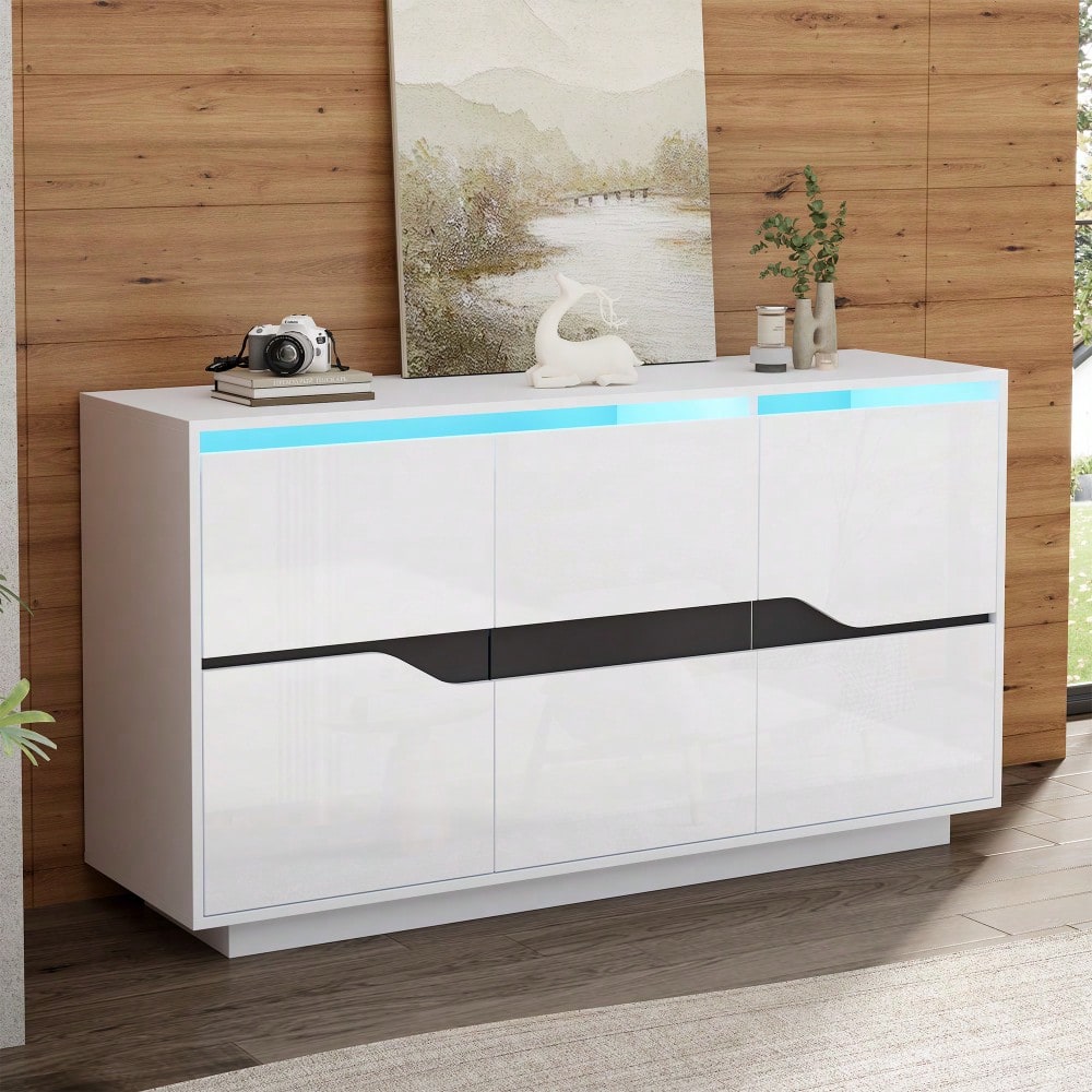 Weiß/Schwarzes Sideboard mit LED-Beleuchtung | 3-türige Anrichte 140x40x76 cm mit verstellbaren Fächern & grifflosen Schubladen | Hochglanz Kommode für Wohnzimmer