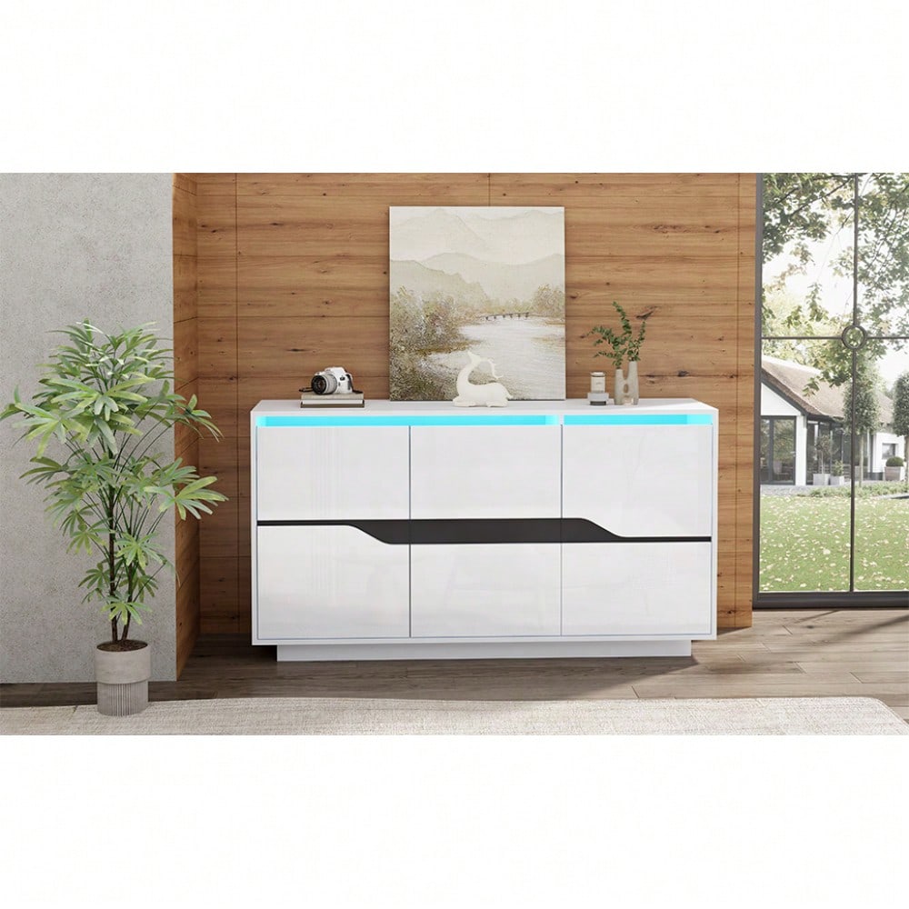 Weiß/Schwarzes Sideboard mit LED-Beleuchtung | 3-türige Anrichte 140x40x76 cm mit verstellbaren Fächern & grifflosen Schubladen | Hochglanz Kommode für Wohnzimmer
