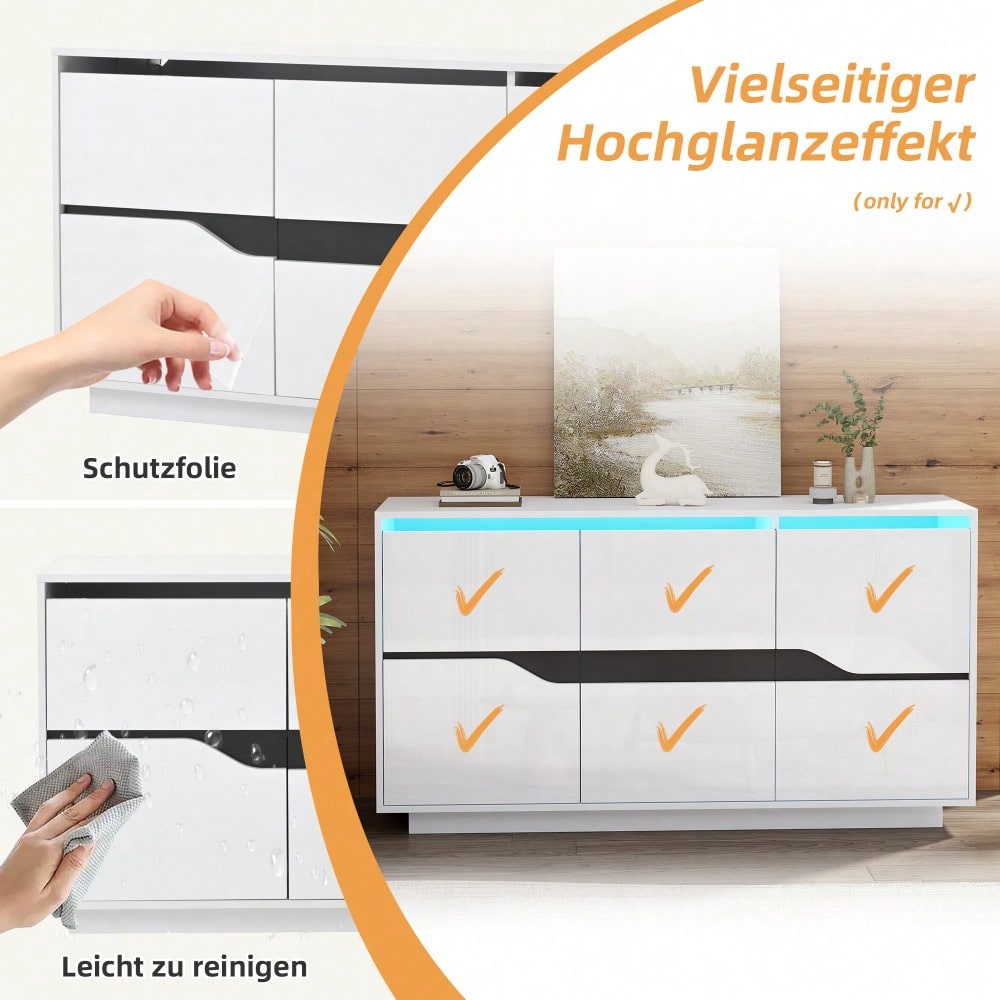 Weiß/Schwarzes Sideboard mit LED-Beleuchtung | 3-türige Anrichte 140x40x76 cm mit verstellbaren Fächern & grifflosen Schubladen | Hochglanz Kommode für Wohnzimmer