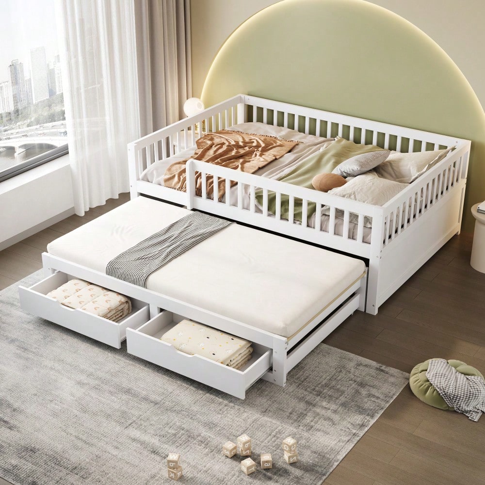 Massivholz-Schlafsofa 140x200 cm mit Sicherheitsgitter & 2 Schubladen | Ausziehbares Gästebett mit Lattenrost | Für Kinder, Jugendliche & Erwachsene in Weiß