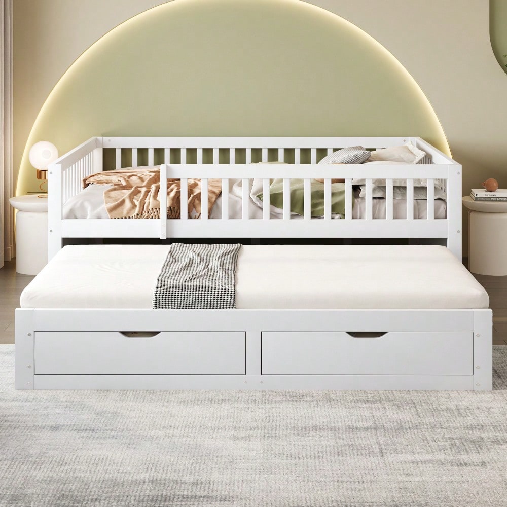 Massivholz-Schlafsofa 140x200 cm mit Sicherheitsgitter & 2 Schubladen | Ausziehbares Gästebett mit Lattenrost | Für Kinder, Jugendliche & Erwachsene in Weiß