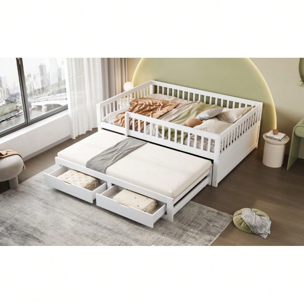 Massivholz-Schlafsofa 140x200 cm mit Sicherheitsgitter & 2 Schubladen | Ausziehbares Gästebett mit Lattenrost | Für Kinder, Jugendliche & Erwachsene in Weiß