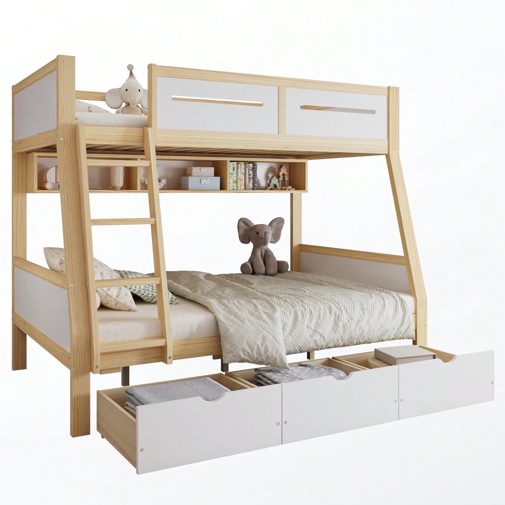 Etagenbett Kinderbett mit 3 Schubladen & Bilderbuchständer | 90x200cm & 120x200cm Größen | Sicher mit 4-seitigen Schutz & Leiter | Kiefernholz, Weiß/Natur