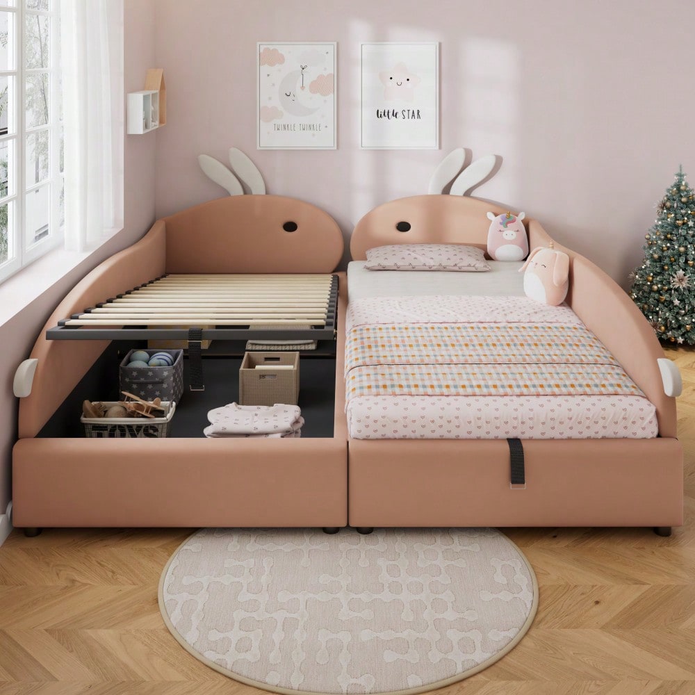 Kinderbett mit Hasen-Kopfteil & hydraulischem Stauraum | 90x200 cm Polsterbett mit Samtbezug & erhöhtem Sicherheitszaun | Rosa/Weiß, 2 Stück