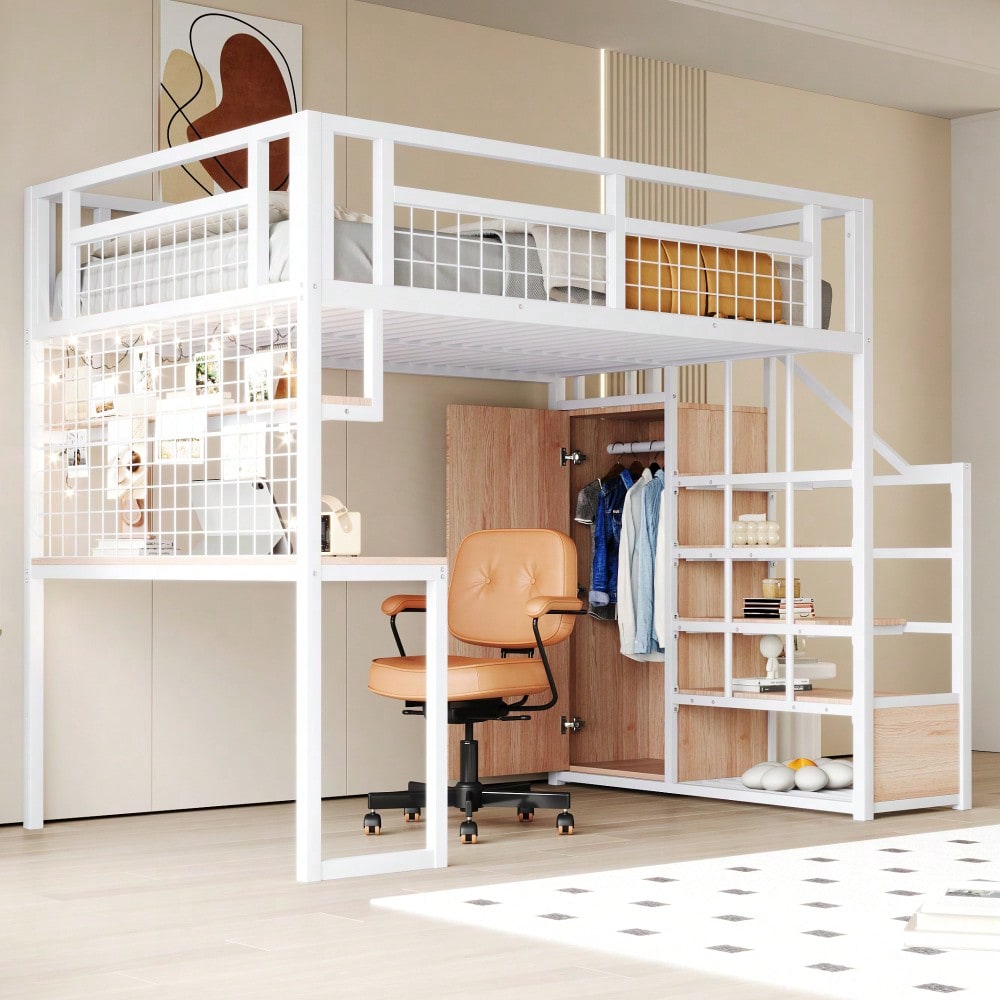 Stahl-Hochbett 140x200 cm mit integriertem Kleiderschrank & Schreibtisch | Komplettset mit Aufbewahrungsleiter, Ablagefläche & Netzregal | Stabiler Metallrahmen in Weiß