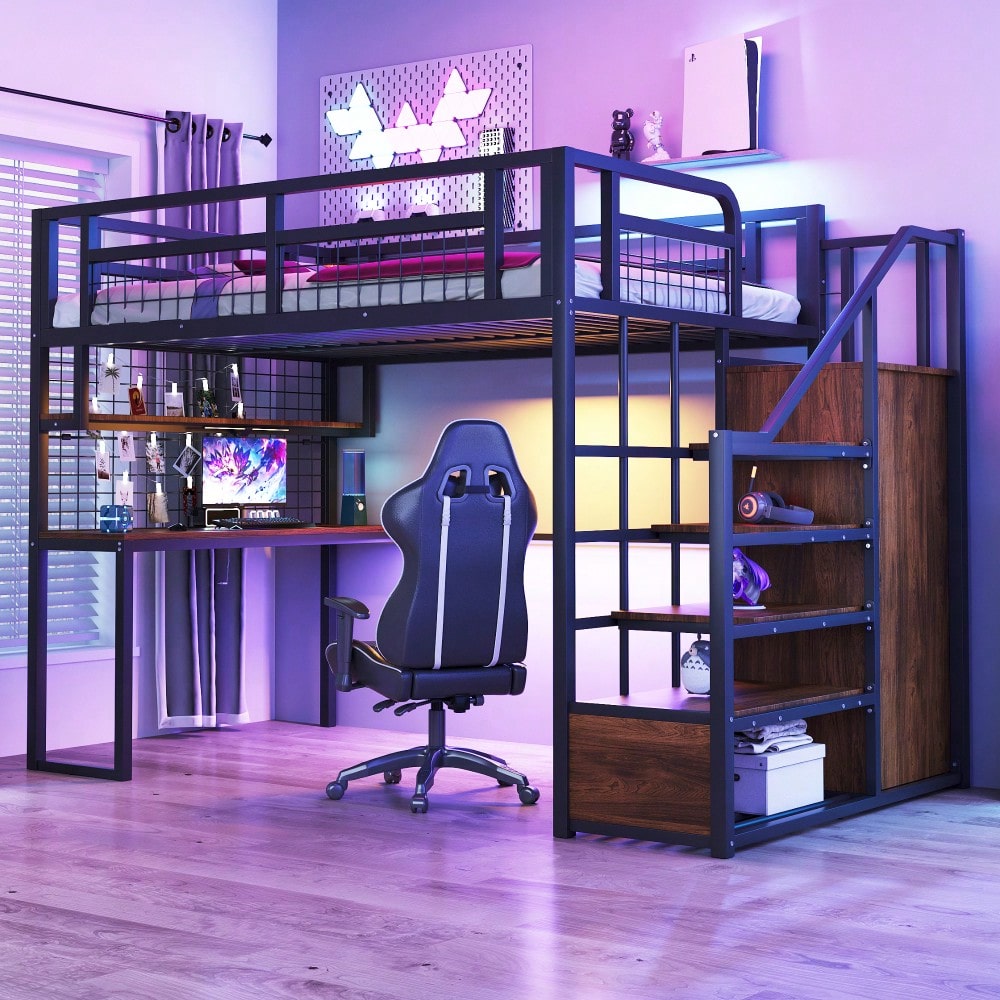 Stahl-Hochbett 140x200 cm mit Kleiderschrank & Schreibtisch | Inkl. Aufbewahrungsleiter, Ablage & Netzregal | All-in-One Komplettset in Schwarz