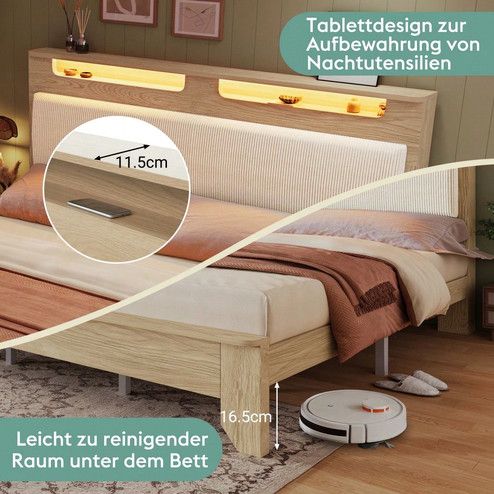 Doppelbett 160x200 cm aus Massivholz mit LED-Beleuchtung & Staukopfteil | Inkl. Matratze & beiger Cordpolster-Rückenlehne | Bettgestell in hell Eiche, ohne Bettbank