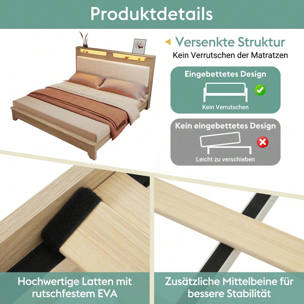 Doppelbett 160x200 cm aus Massivholz mit LED-Beleuchtung & Staukopfteil | Inkl. Matratze & beiger Cordpolster-Rückenlehne | Bettgestell in hell Eiche, ohne Bettbank