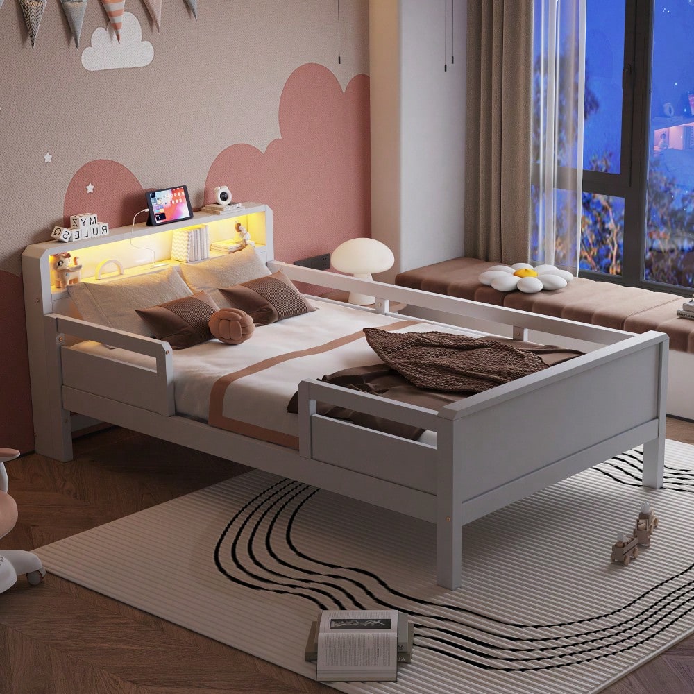 Kinderbett 90x200 cm mit USB/Type-C-Anschlüssen & LED-Beleuchtung | Multifunktions-Kopfteil mit Ablagefläche | Massivholz-Kiefer in Weiß