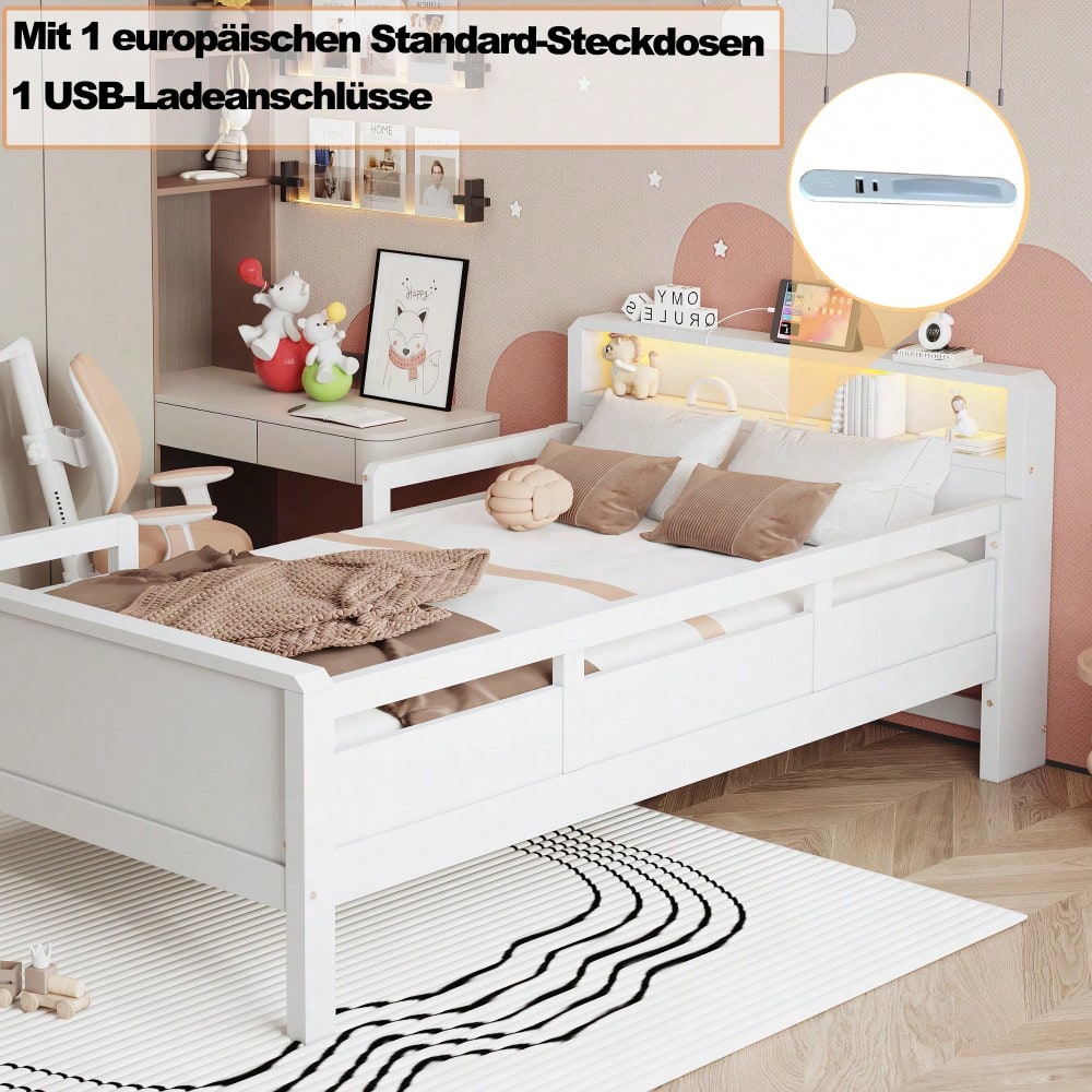Kinderbett 90x200 cm mit USB/Type-C-Anschlüssen & LED-Beleuchtung | Multifunktions-Kopfteil mit Ablagefläche | Massivholz-Kiefer in Weiß