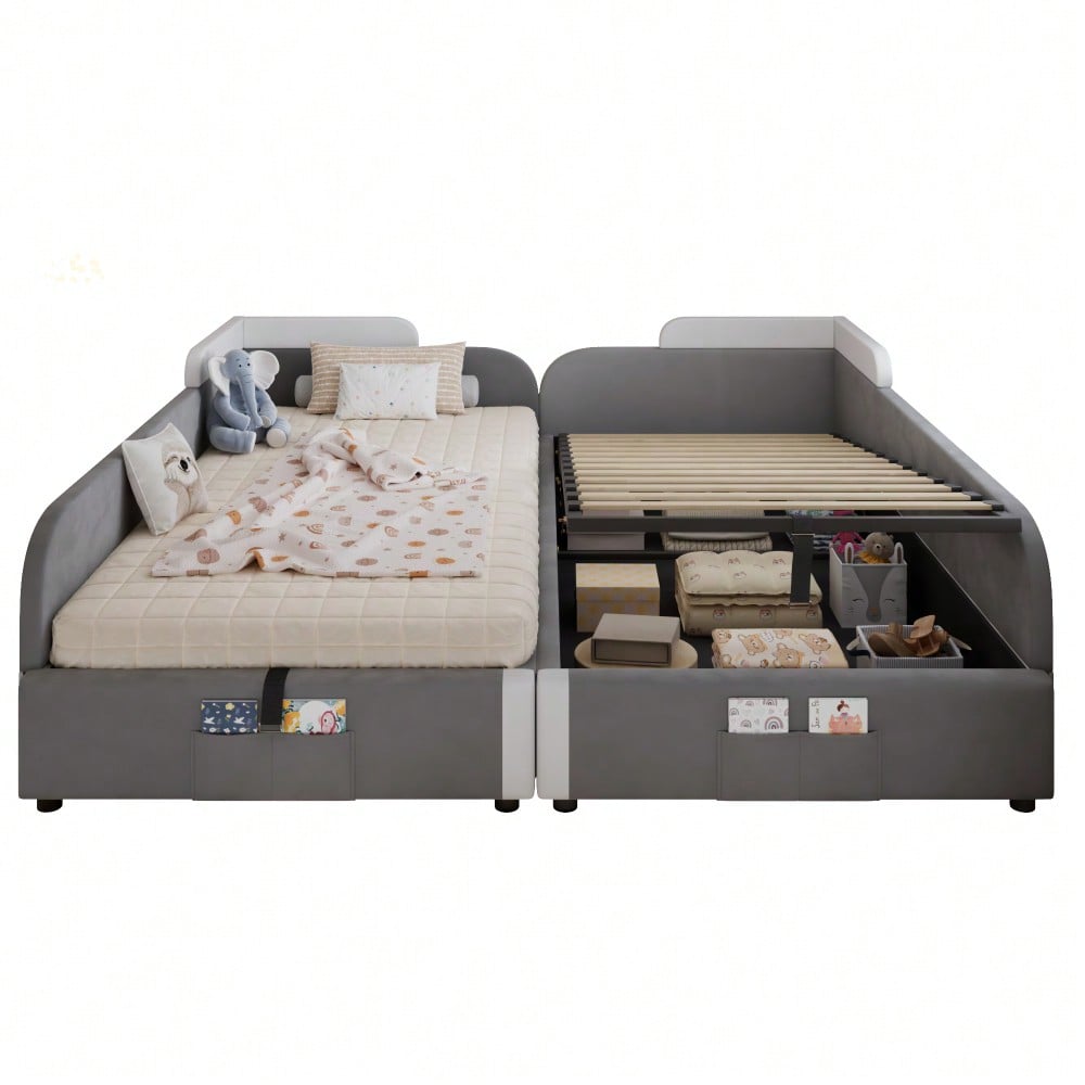 Kinder-Etagenbett 90x200 cm mit hydraulischem Stauraum & Samtbezug | Erhöhter Sicherheitszaun & Aufbewahrungstasche | 2-tlg. Set in Grau, Massivholz