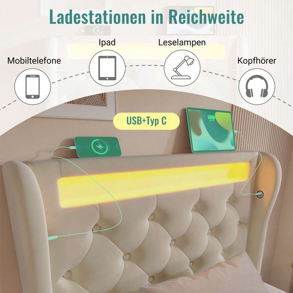 Polsterbett 90x200 cm mit USB/Type-C-Anschlüssen & LED-Beleuchtung | Hydraulisches Stauraum-Kopfteil & Samtbezug | Einzelbett in Beige, ohne Matratze