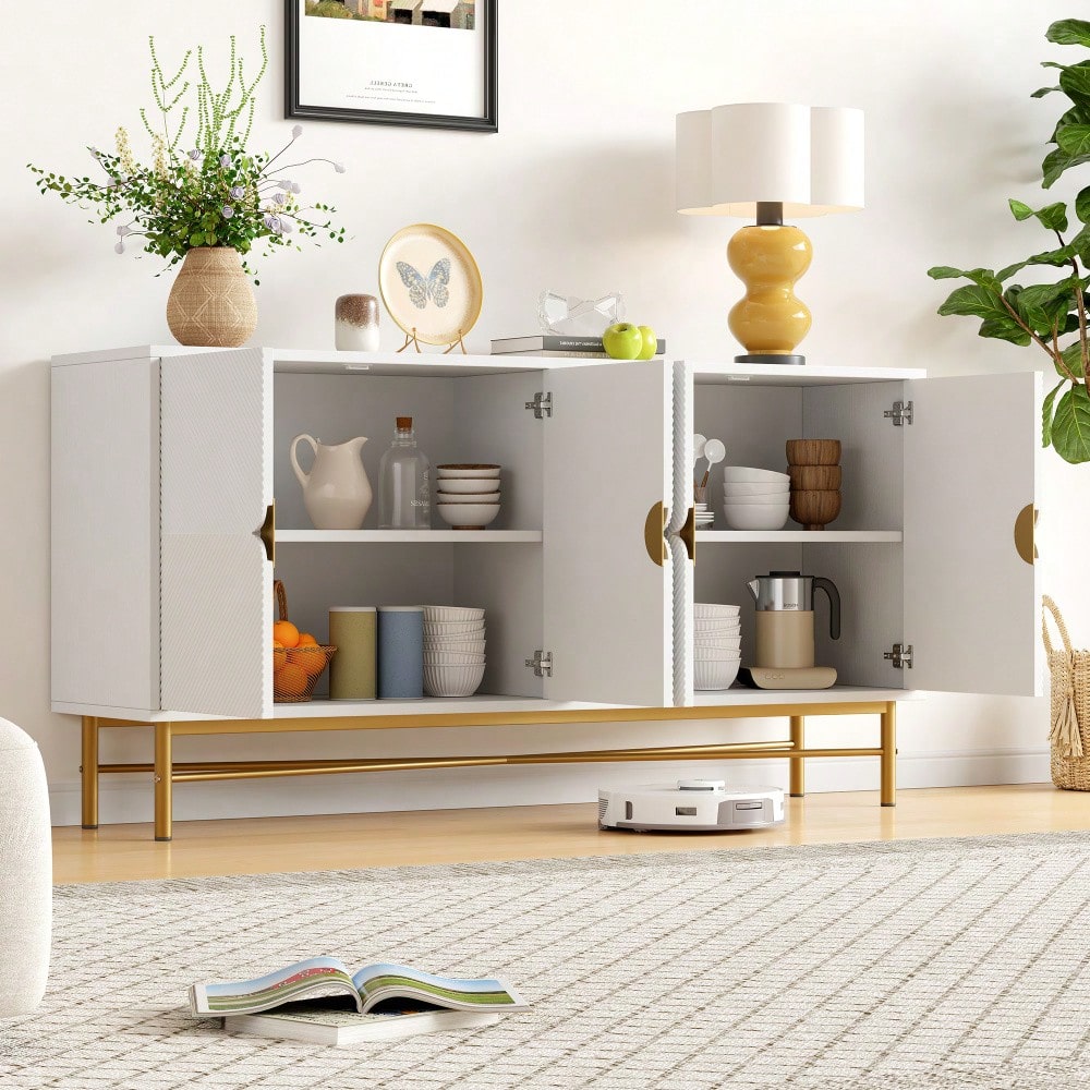 Sideboard mit edler Prägetextur & 4 Türen | 160x40x82 cm Schrank mit goldenen Griffen & Hochglanz-Beinen | Weiß