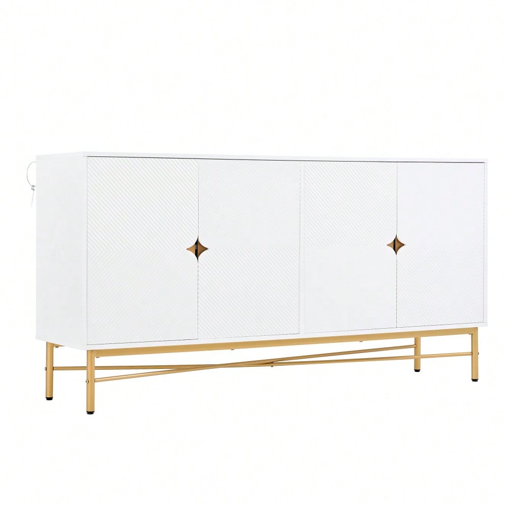 Sideboard mit edler Prägetextur & 4 Türen | 160x40x82 cm Schrank mit goldenen Griffen & Hochglanz-Beinen | Weiß