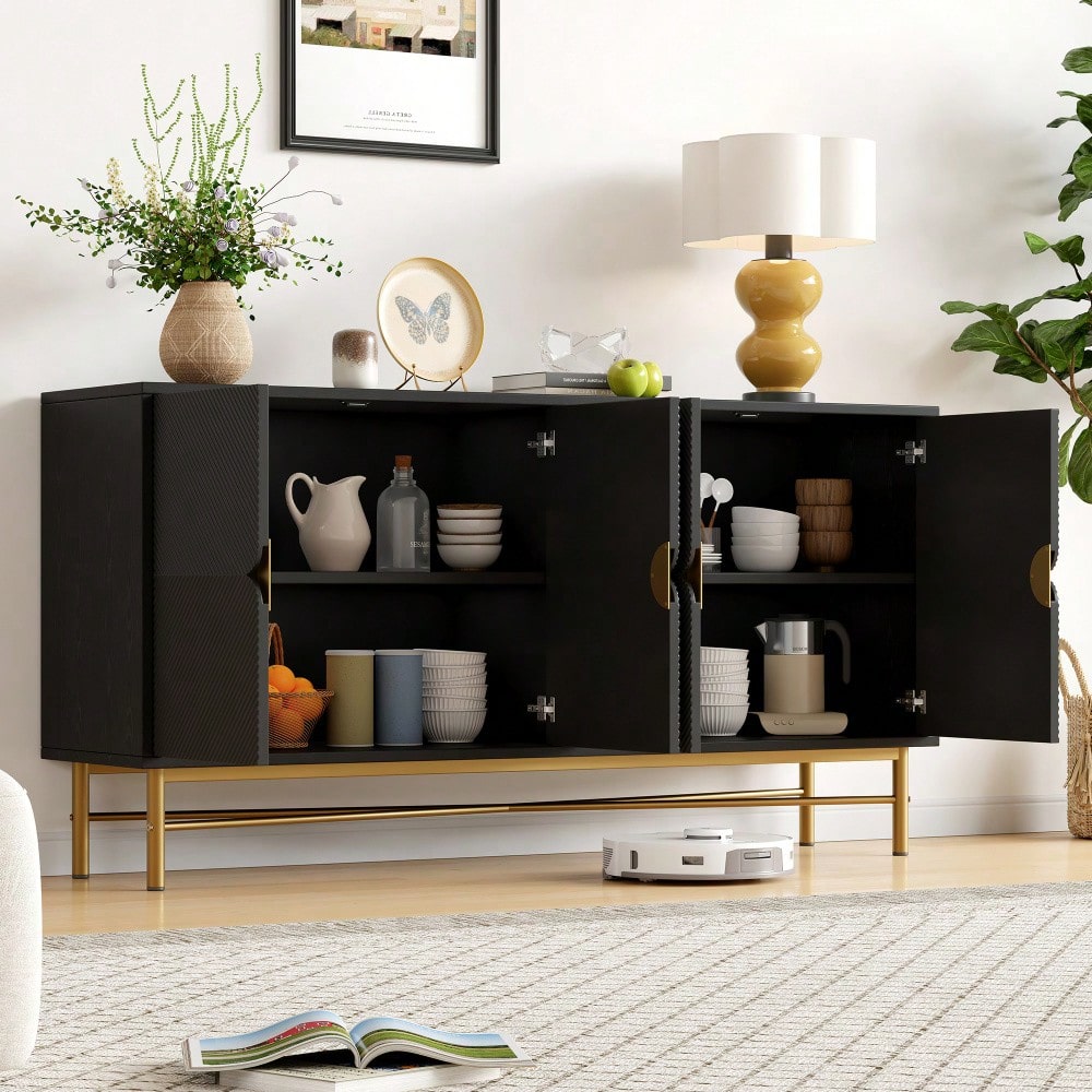 Modernes Sideboard 160x40x82 cm mit 4 Türen & Gold-Griffen | Hochglanzfüße & elegante Prägetextur | Schrank in Schwarz