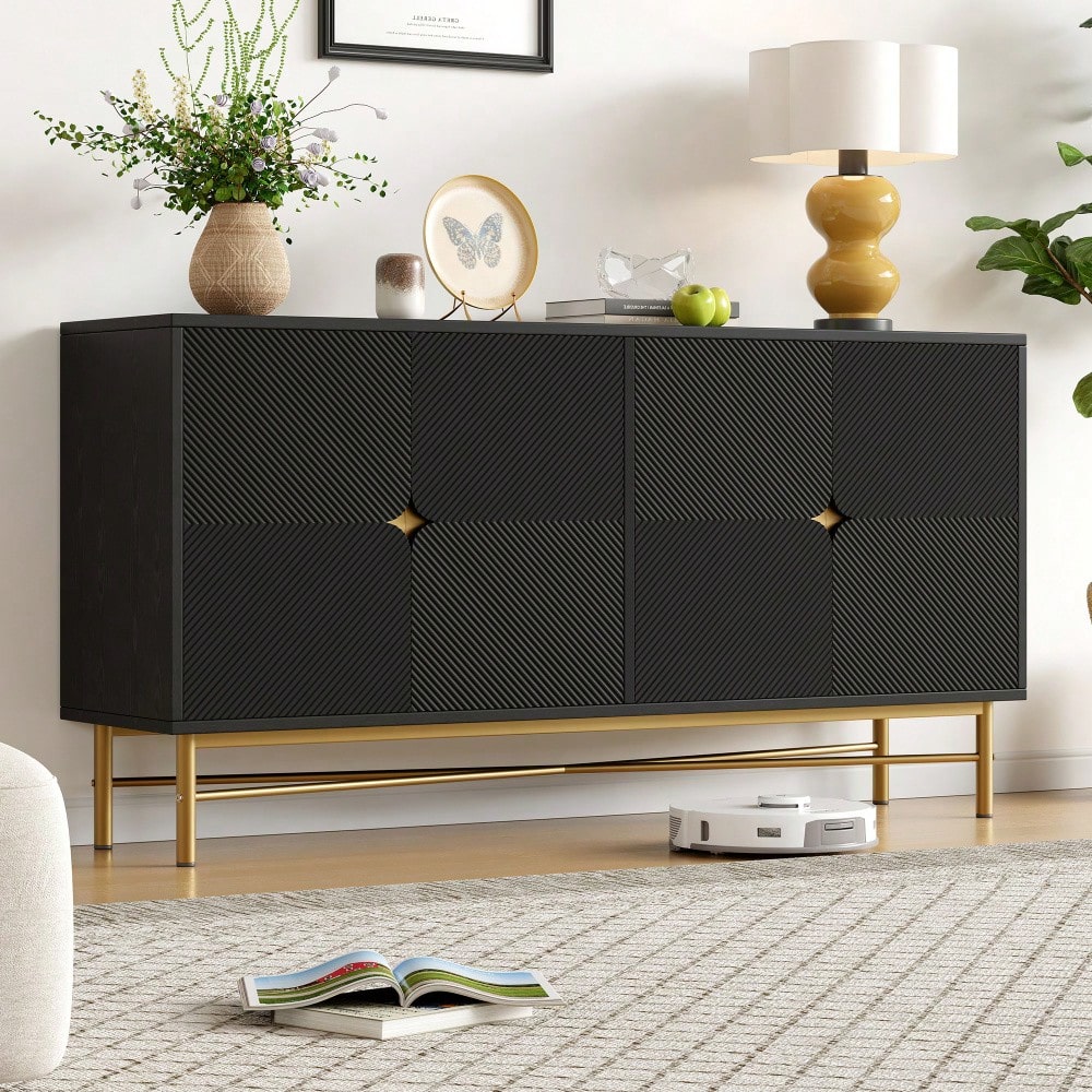 Modernes Sideboard 160x40x82 cm mit 4 Türen & Gold-Griffen | Hochglanzfüße & elegante Prägetextur | Schrank in Schwarz