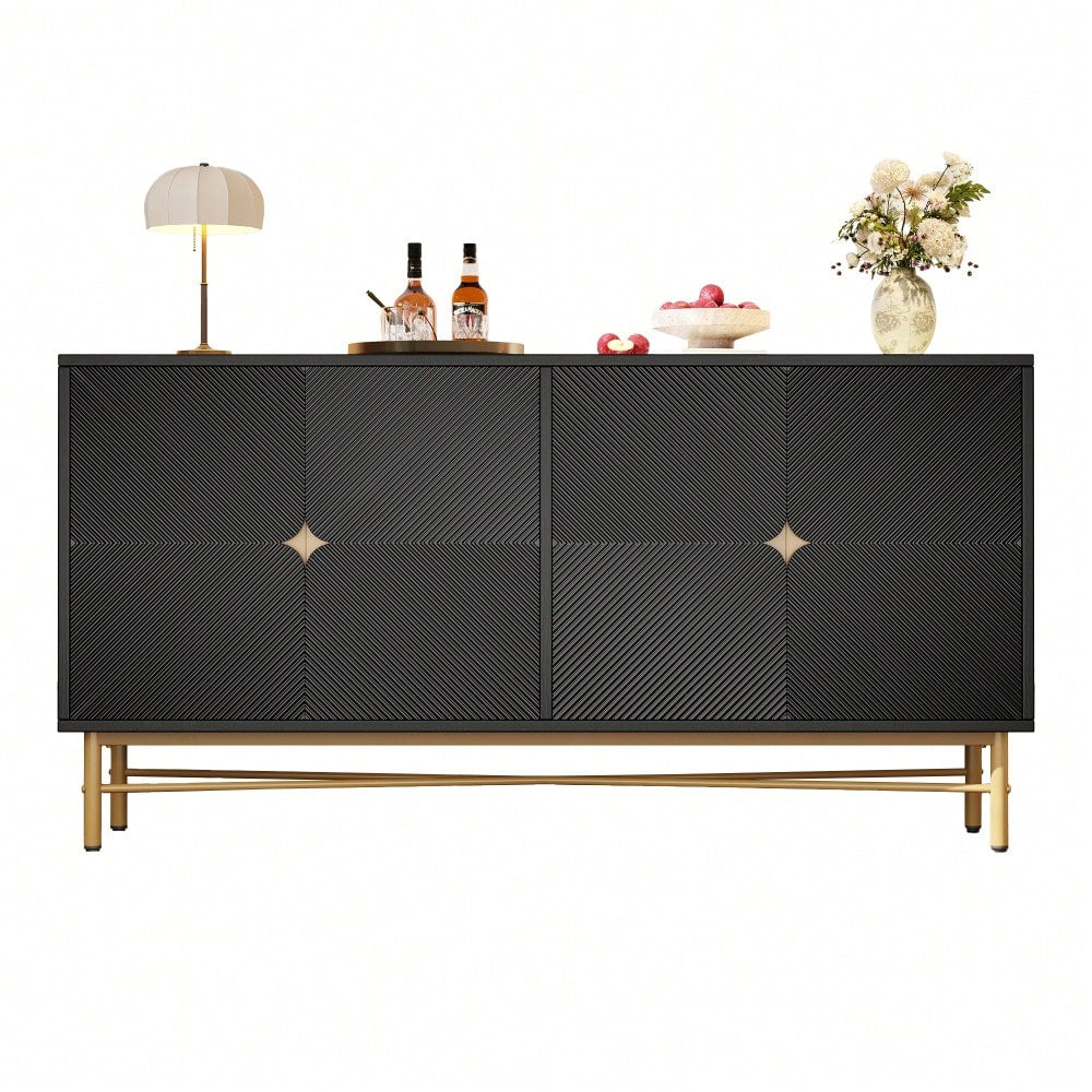 Modernes Sideboard 160x40x82 cm mit 4 Türen & Gold-Griffen | Hochglanzfüße & elegante Prägetextur | Schrank in Schwarz