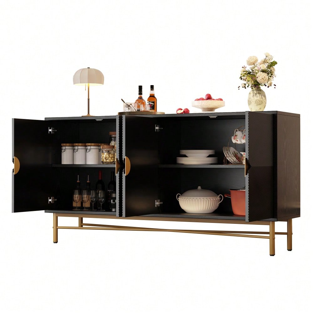 Modernes Sideboard 160x40x82 cm mit 4 Türen & Gold-Griffen | Hochglanzfüße & elegante Prägetextur | Schrank in Schwarz