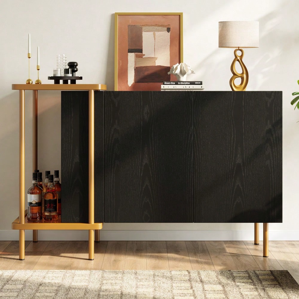 Modernes Sideboard 120x40x77 cm in Schwarz | Mit 2 Türen & 2 offenen Fächern | Inkl. Glas-Couchtisch mit Metallgestell